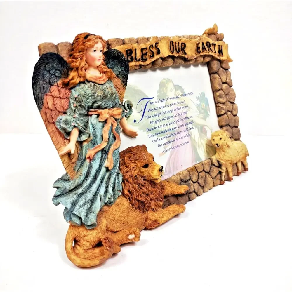 Vintage Holiday Frame Angel Sheep and Lion Bless Our Earth Poem 3-D Carved Resin
